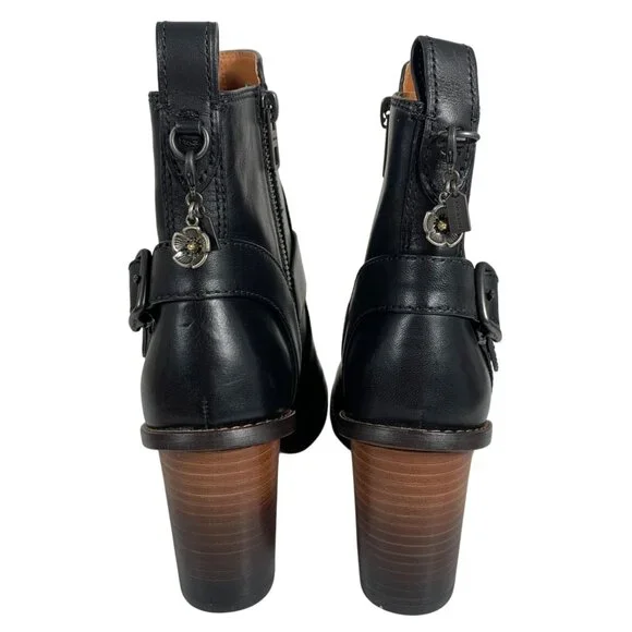 COACH Black Leather Moto Booties Turnlock Buckles Stacked Heels Womens 5B - NWOB - Picture 3 of 8